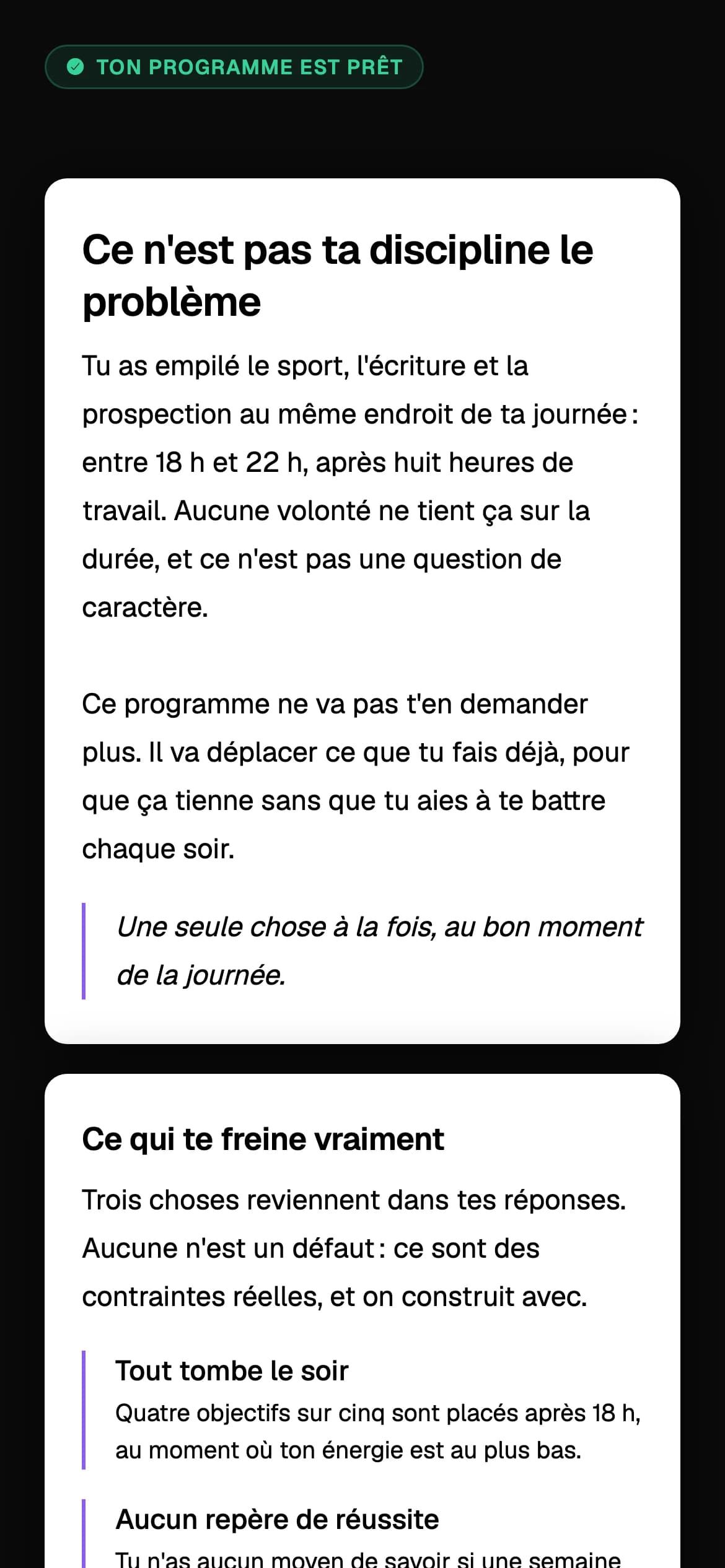 Un programme Kairo, écrit à partir des réponses de la personne