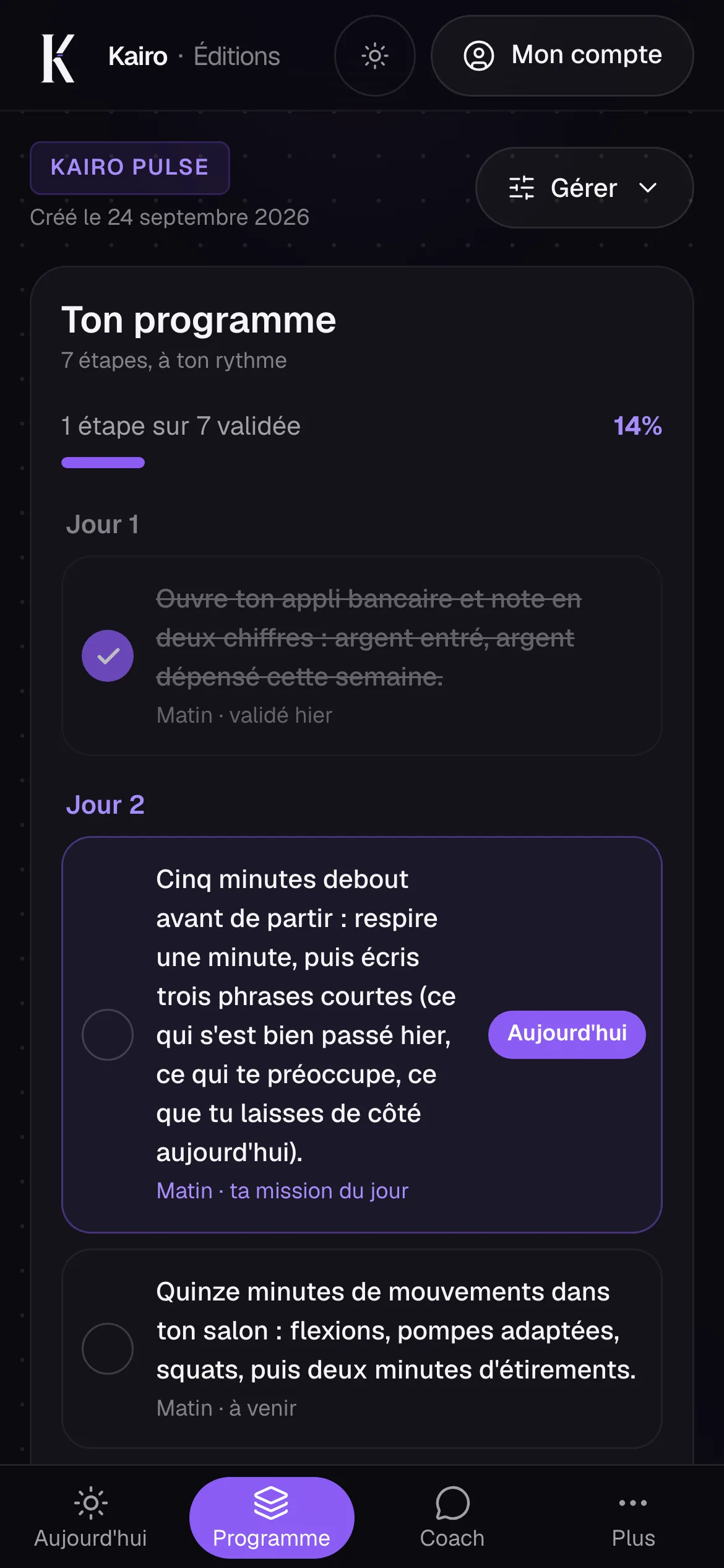 L'onglet Programme : les étapes, jour par jour